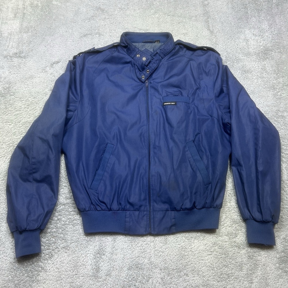 Vintage Members Only Jacket Mens 42 Navy Bomber Classic Racer Jacket‎ 80s *SPOTS